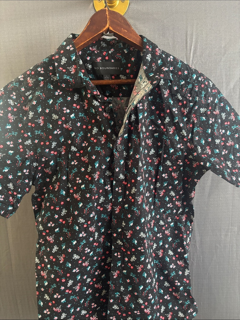 No Boundaries Black Floral Shirt with Red & Teal Accents